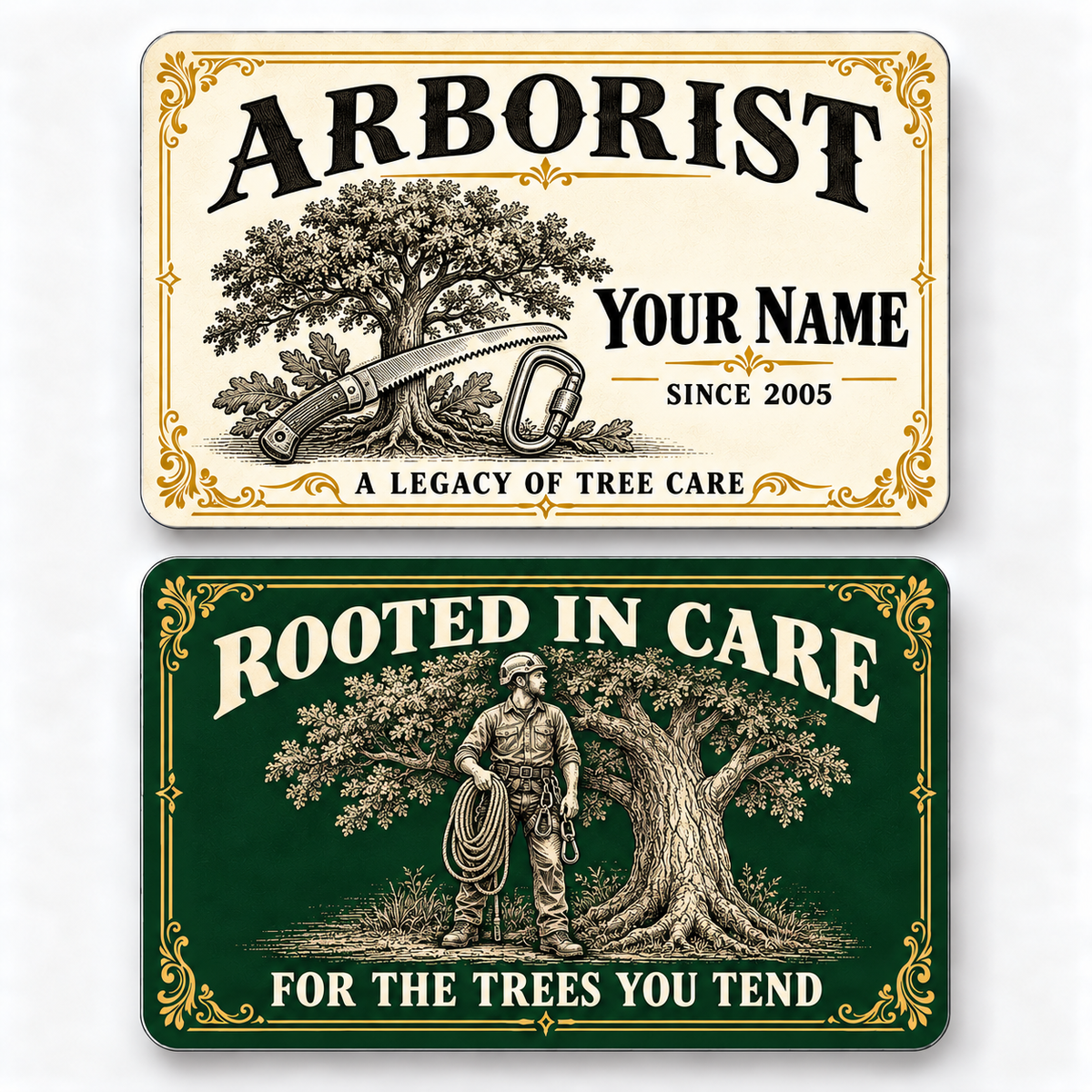 Front and reverse of an arborist ivory heritage wallet card with trade-themed artwork and pride lettering.