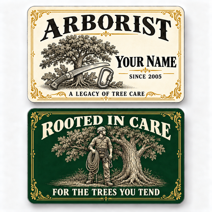 Front and reverse of an arborist ivory heritage wallet card with trade-themed artwork and pride lettering.