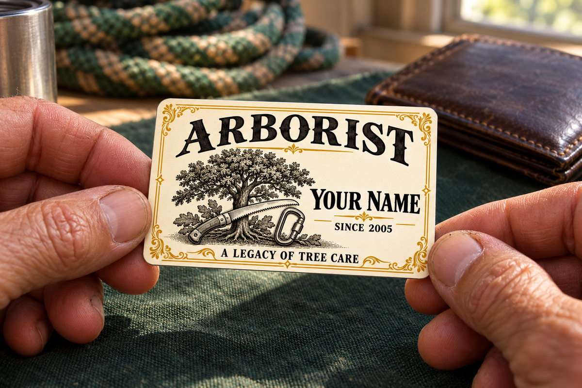 Arborist wallet card in an arborist tree-care rest area with an adult man and leather wallet.