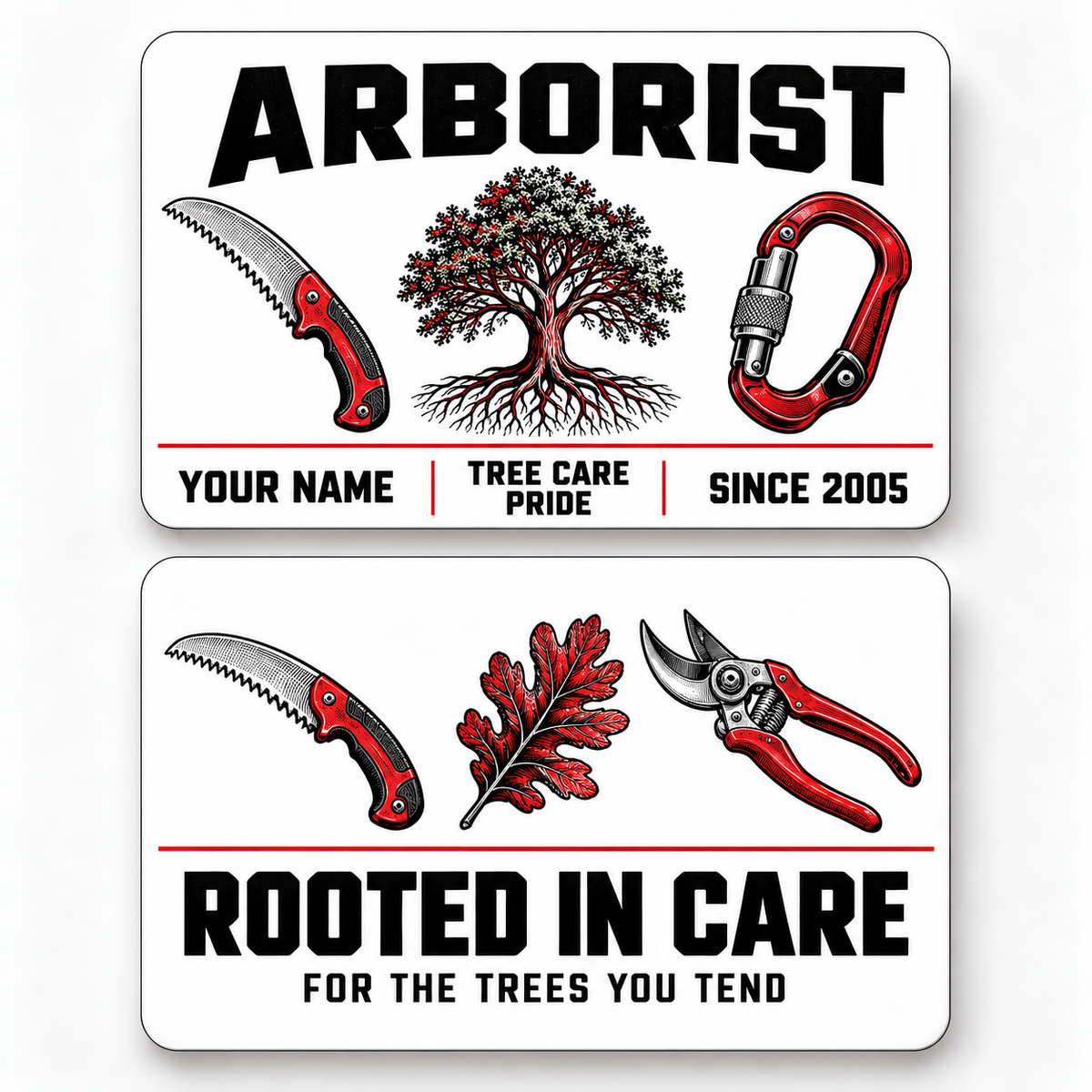 Front and reverse of a arborist minimal tool grid wallet card with trade-themed artwork and pride lettering.