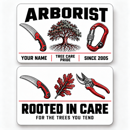 Front and reverse of a arborist minimal tool grid wallet card with trade-themed artwork and pride lettering.