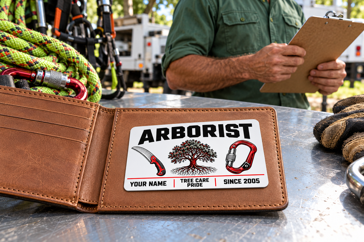 Arborist wallet card in a arborist tree-care rest area with an adult man and leather wallet.