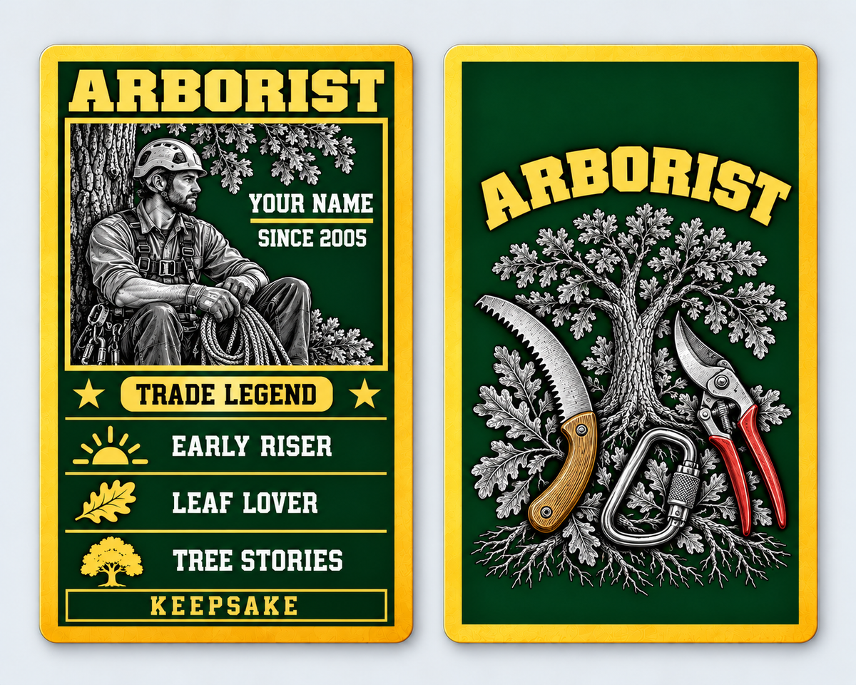 Front and reverse of an arborist trade legend wallet card with trade-themed artwork and pride lettering.