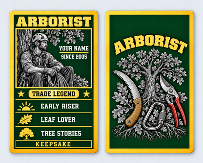 Front and reverse of an arborist trade legend wallet card with trade-themed artwork and pride lettering.