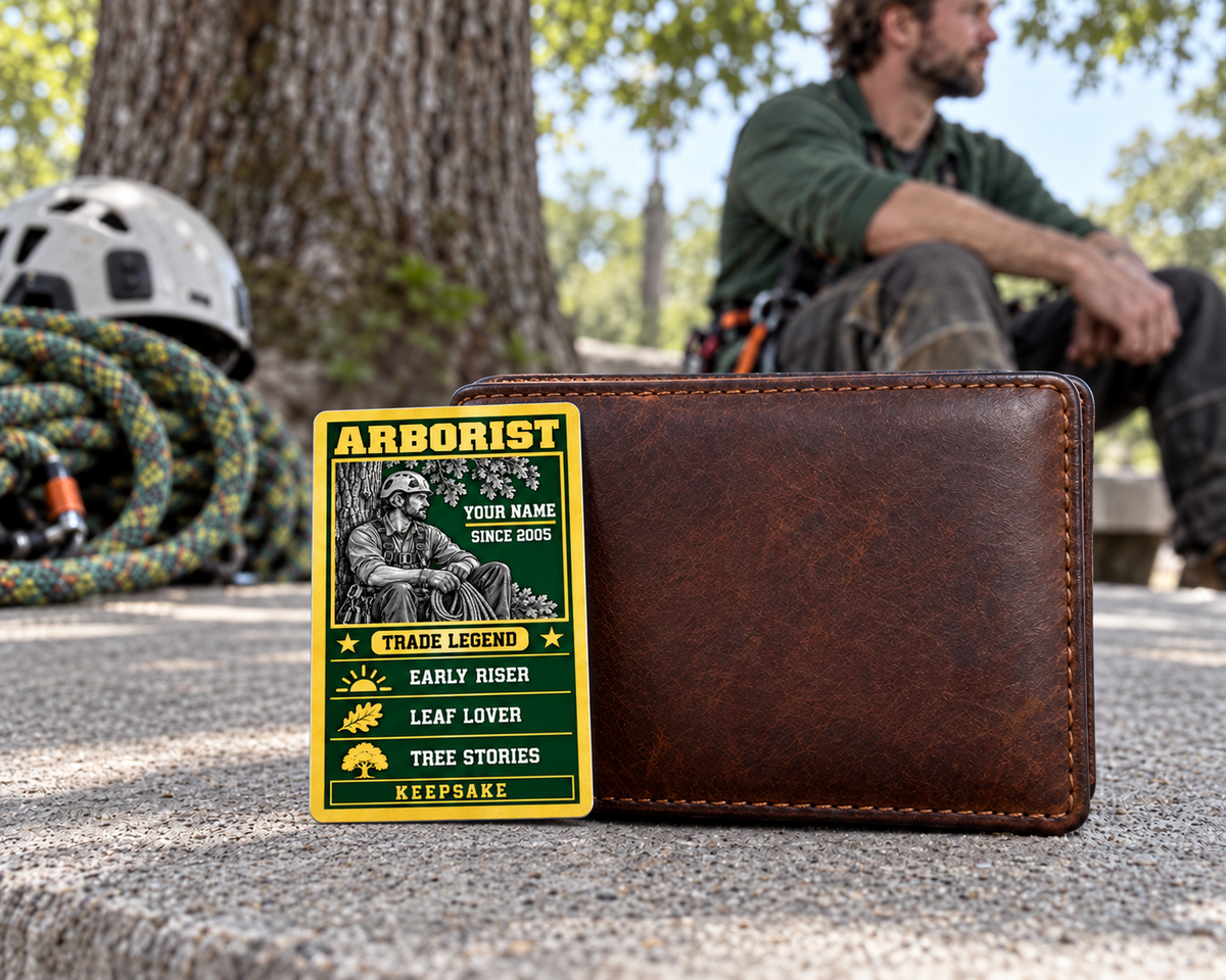 Arborist wallet card in an arborist tree-care rest area with an adult man and leather wallet.