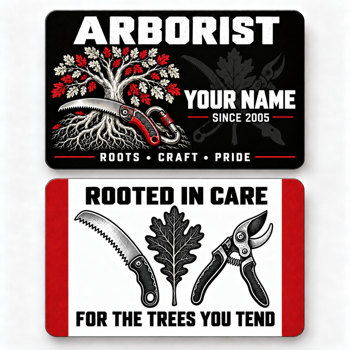 Front and reverse of a arborist midnight pride wallet card with trade-themed artwork and pride lettering.