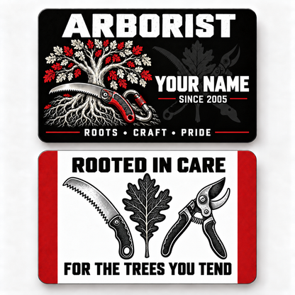 Front and reverse of a arborist midnight pride wallet card with trade-themed artwork and pride lettering.