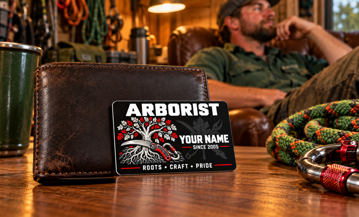 Arborist wallet card in a arborist tree-care rest area with an adult man and leather wallet.