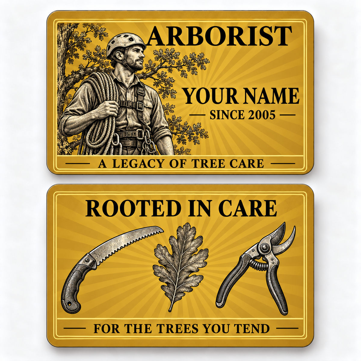 Front and reverse of a arborist golden milestone wallet card with trade-themed artwork and pride lettering.