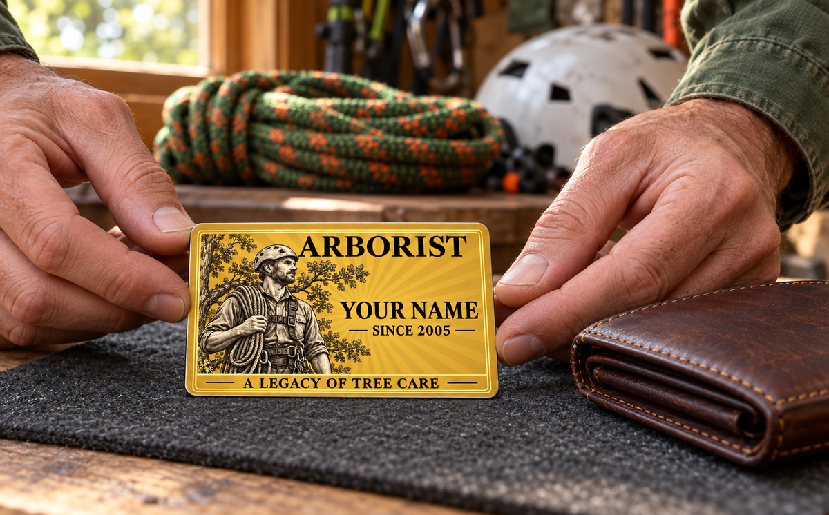 Arborist wallet card in a arborist tree-care rest area with an adult man and leather wallet.