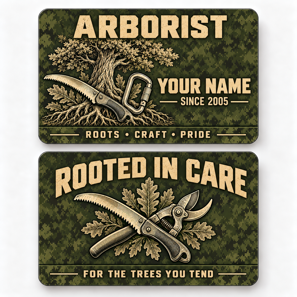Front and reverse of a arborist rugged field wallet card with trade-themed artwork and pride lettering.