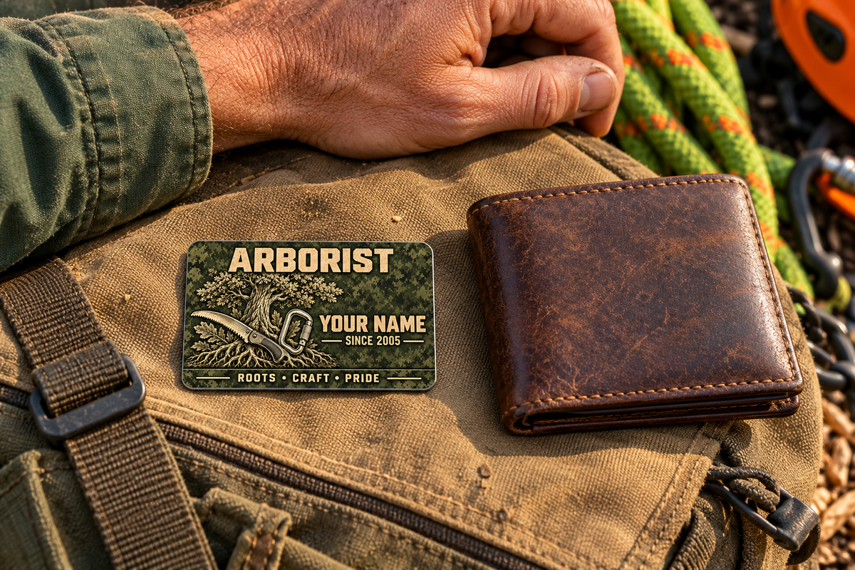 Arborist wallet card in a arborist tree-care rest area with an adult man and leather wallet.