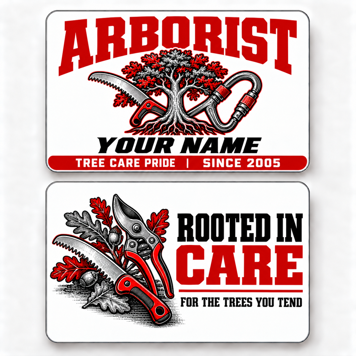 Front and reverse of an arborist signature modern wallet card with trade-themed artwork and pride lettering.