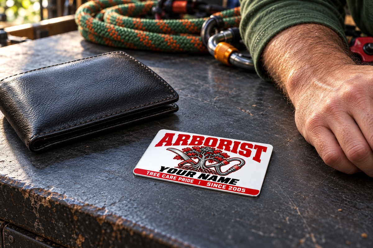 Arborist wallet card in an arborist tree-care rest area with an adult man and leather wallet.