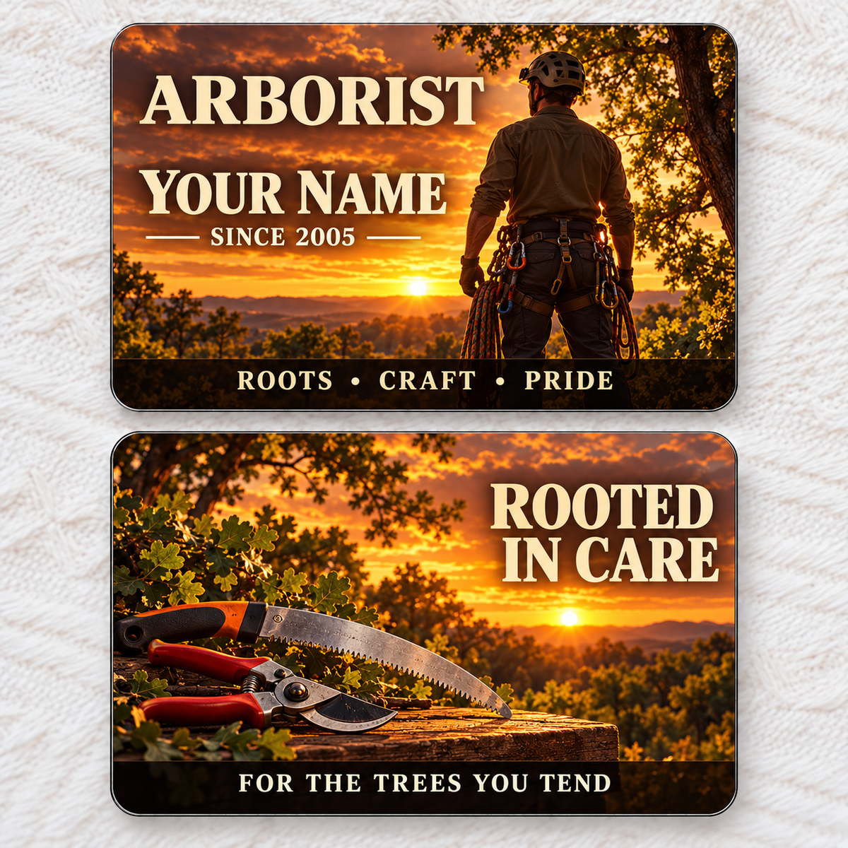 Front and reverse of an arborist sunset workday wallet card with trade-themed artwork and pride lettering.