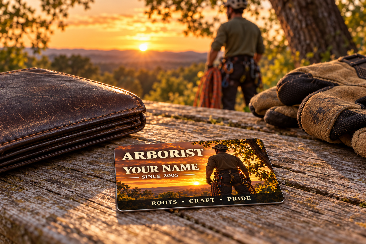 Arborist wallet card in an arborist tree-care rest area with an adult man and leather wallet.