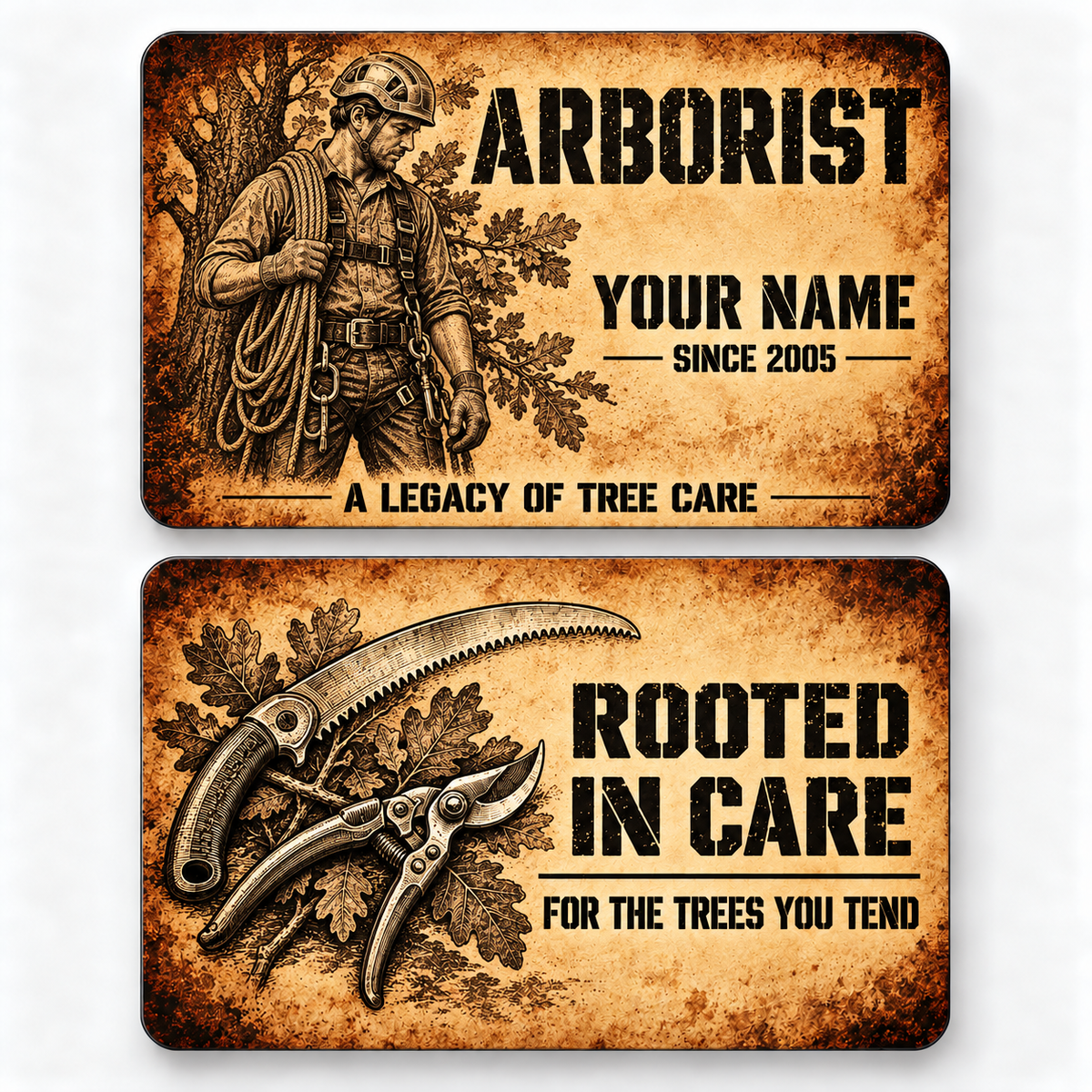 Front and reverse of an arborist sepia legacy wallet card with trade-themed artwork and pride lettering.