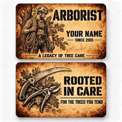 Front and reverse of an arborist sepia legacy wallet card with trade-themed artwork and pride lettering.