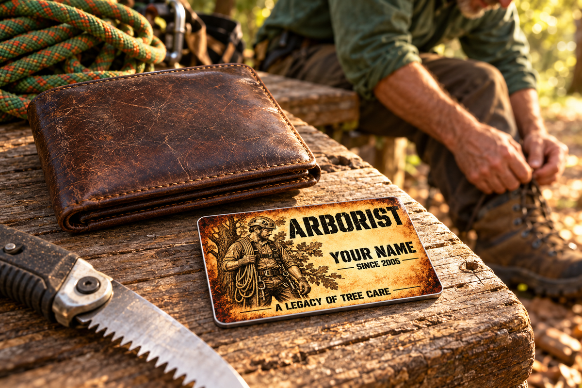 Arborist wallet card in an arborist tree-care rest area with an adult man and leather wallet.