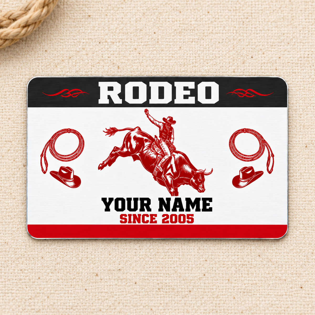 Bull Riding/Rodeo Aluminum Wallet Card - Red Monochrome front on cream cotton canvas