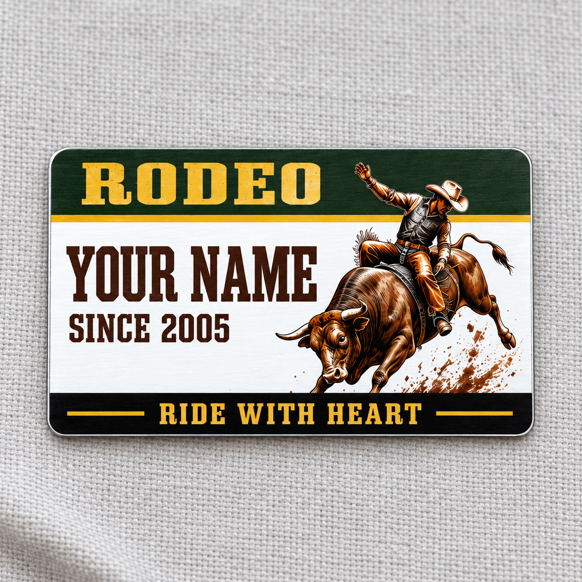 Bull Riding/Rodeo Aluminum Wallet Card - Heritage Band front on Pale gray woven fabric