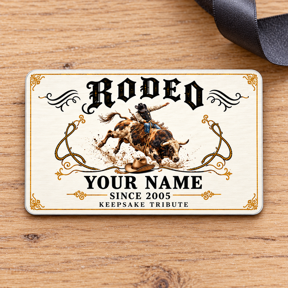 Bull Riding/Rodeo Aluminum Wallet Card - Ivory Heritage front on Pale oak, charcoal corner ribbon