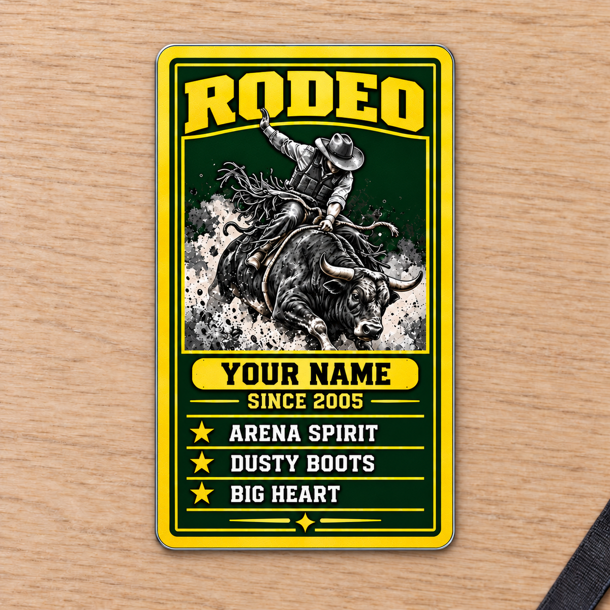 Bull Riding/Rodeo Aluminum Wallet Card - Trade Legend portrait front on pale oak