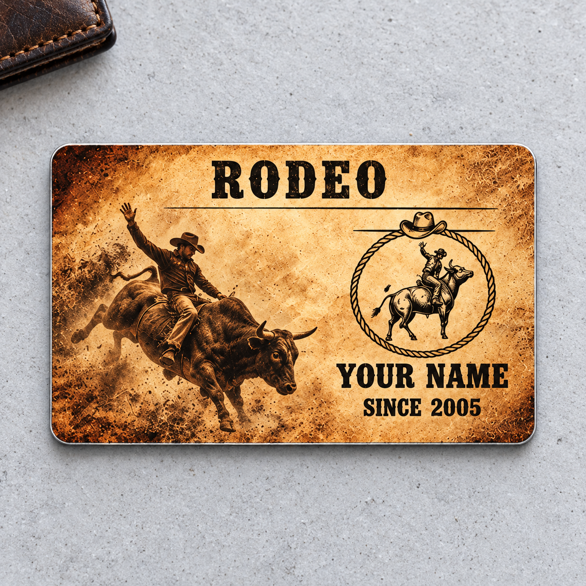 Bull Riding/Rodeo Aluminum Wallet Card - Sepia Legacy front on pale gray concrete