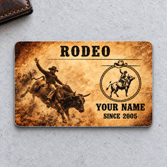 Bull Riding/Rodeo Aluminum Wallet Card - Sepia Legacy front on pale gray concrete