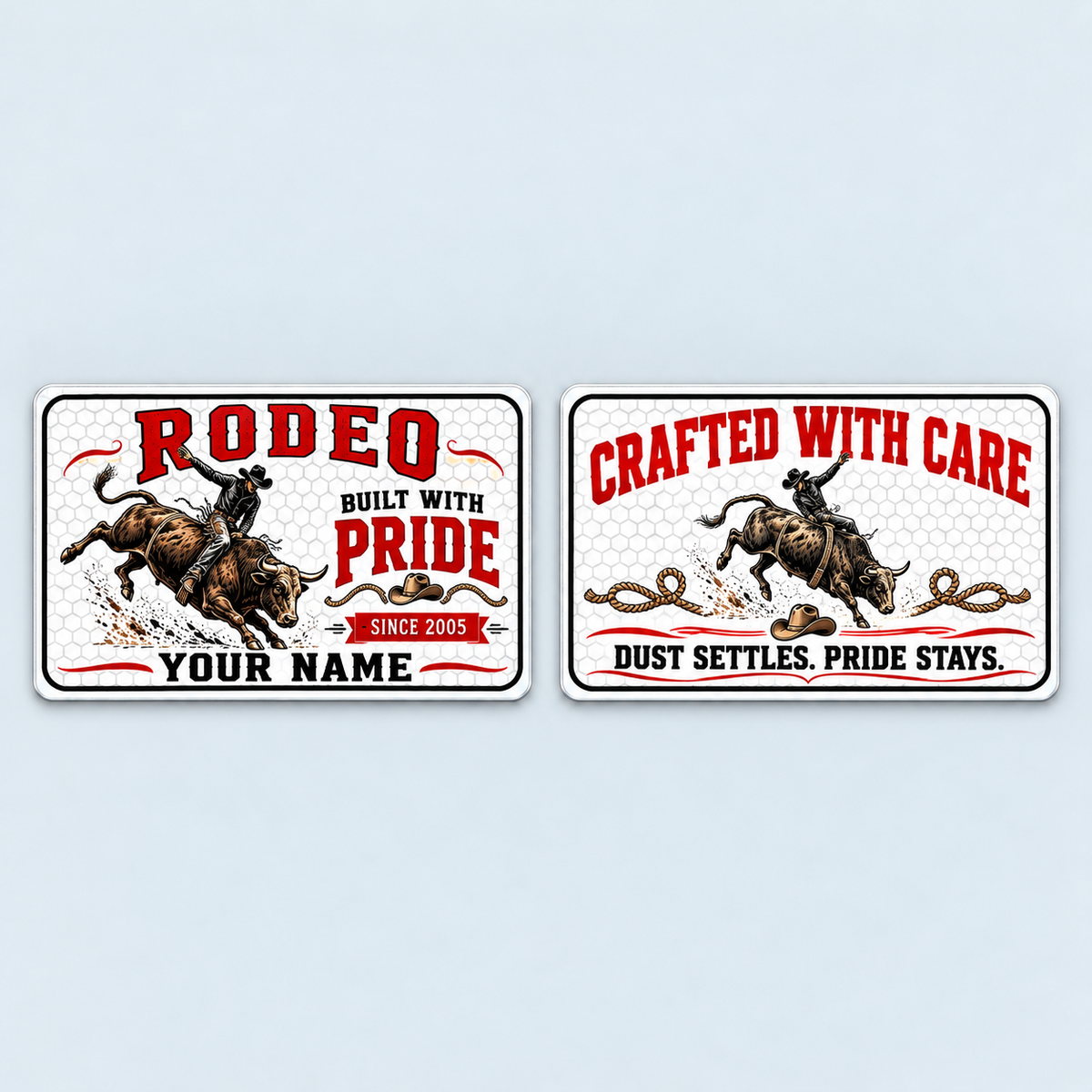 Front and reverse of the Bull Riding/Rodeo Honeycomb Pride aluminum wallet card