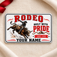 Bull Riding Rodeo Honeycomb Pride aluminum wallet card, front design on cream fabric