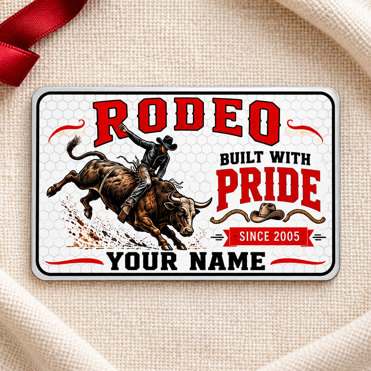 Bull Riding Rodeo Honeycomb Pride aluminum wallet card, front design on cream fabric