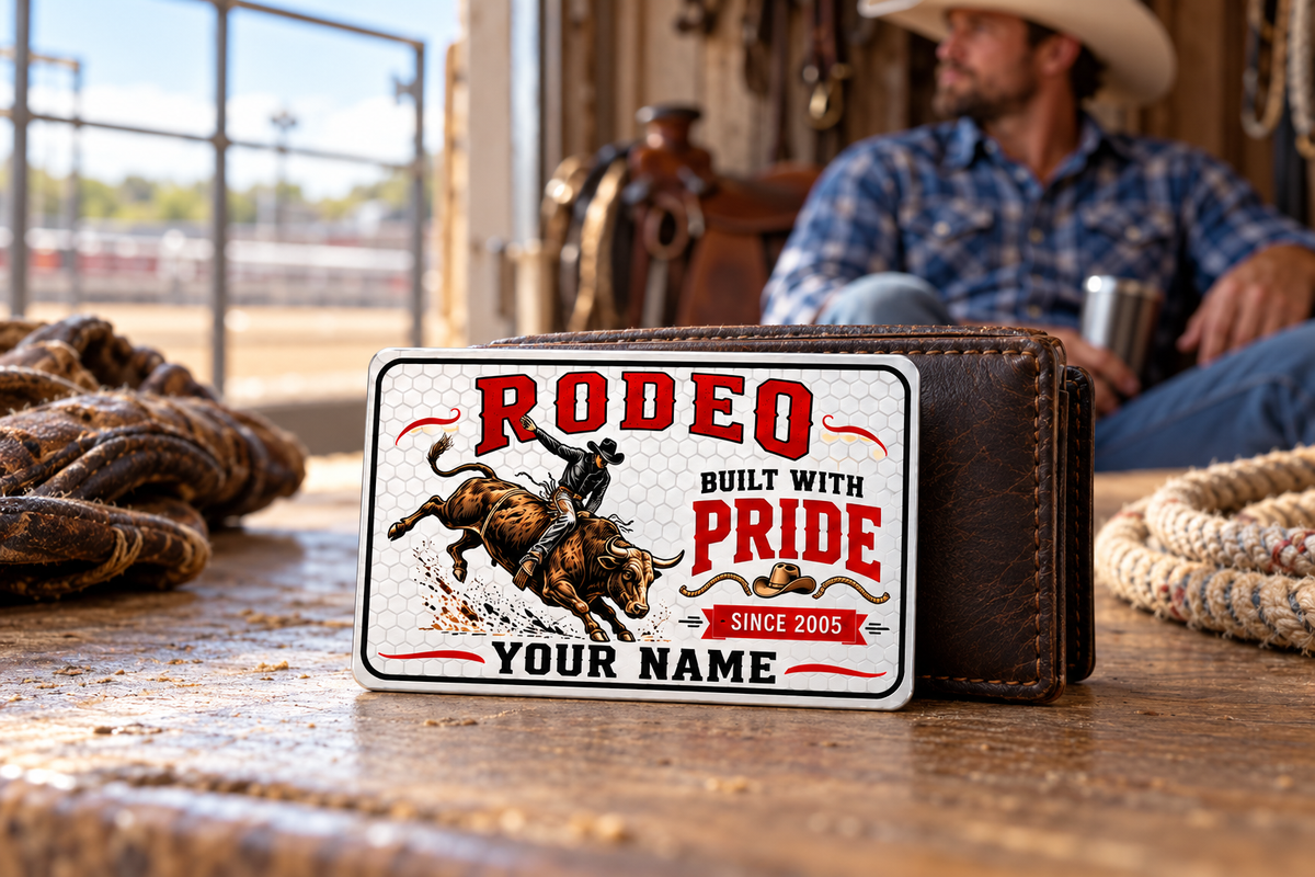 Bull Riding/Rodeo Honeycomb Pride wallet card against a closed brown wallet with a seated rider behind