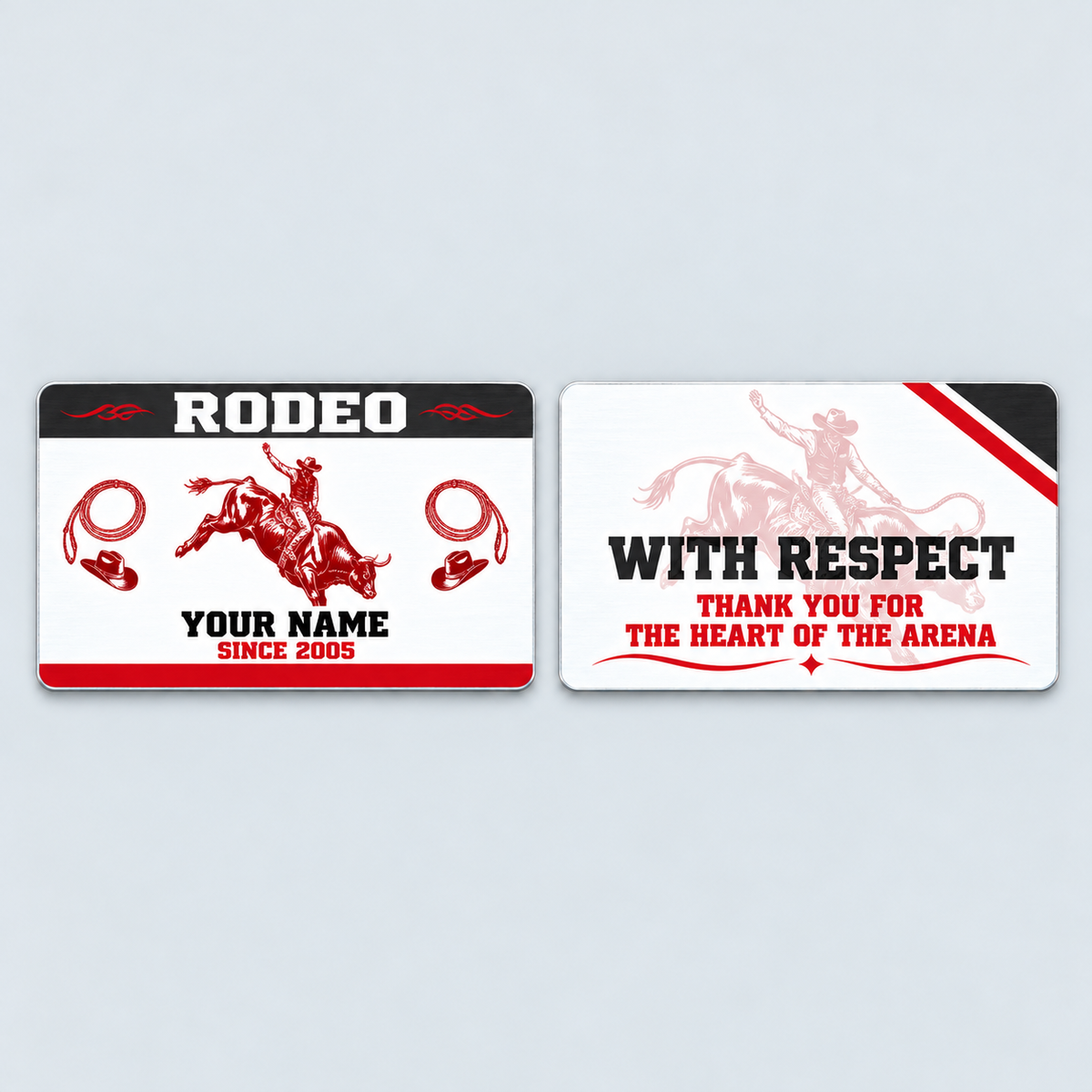 Front and reverse of the Bull Riding/Rodeo Red Monochrome aluminum wallet card