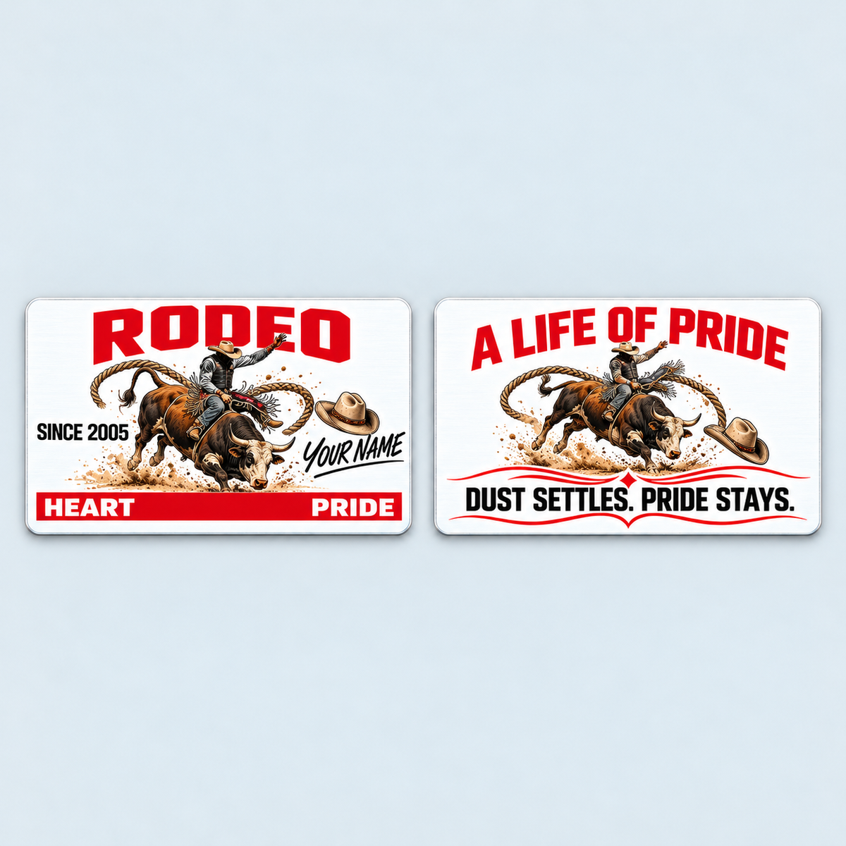 Front and reverse of the Bull Riding/Rodeo Signature Classic aluminum wallet card