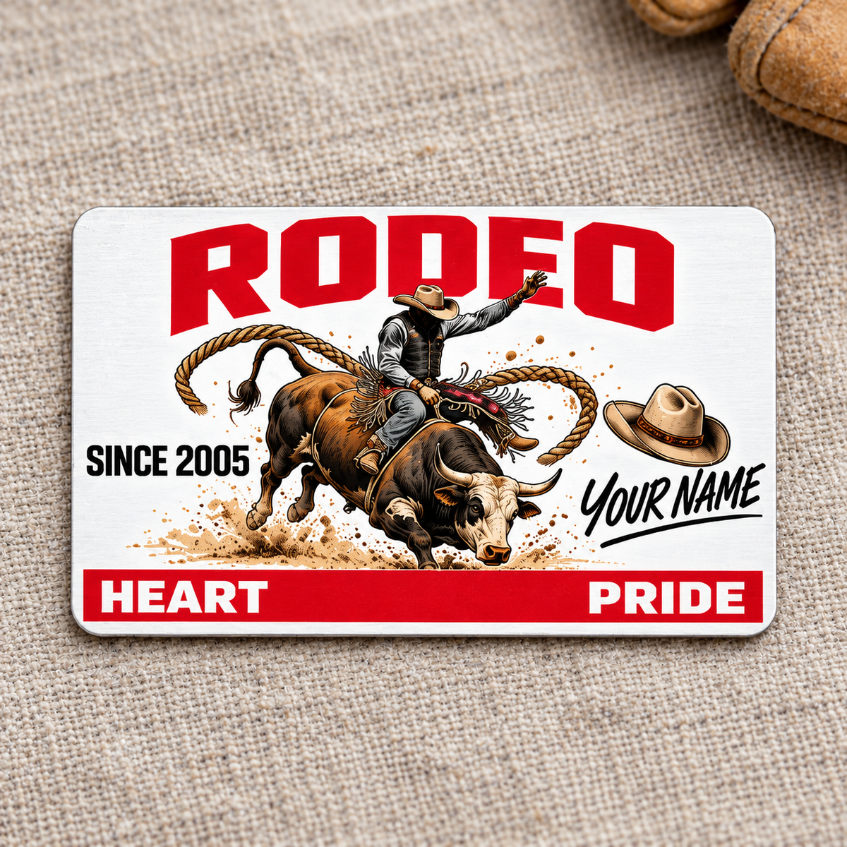 Bull Riding Rodeo Signature Classic aluminum wallet card, front design on linen