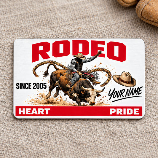 Bull Riding Rodeo Signature Classic aluminum wallet card, front design on linen