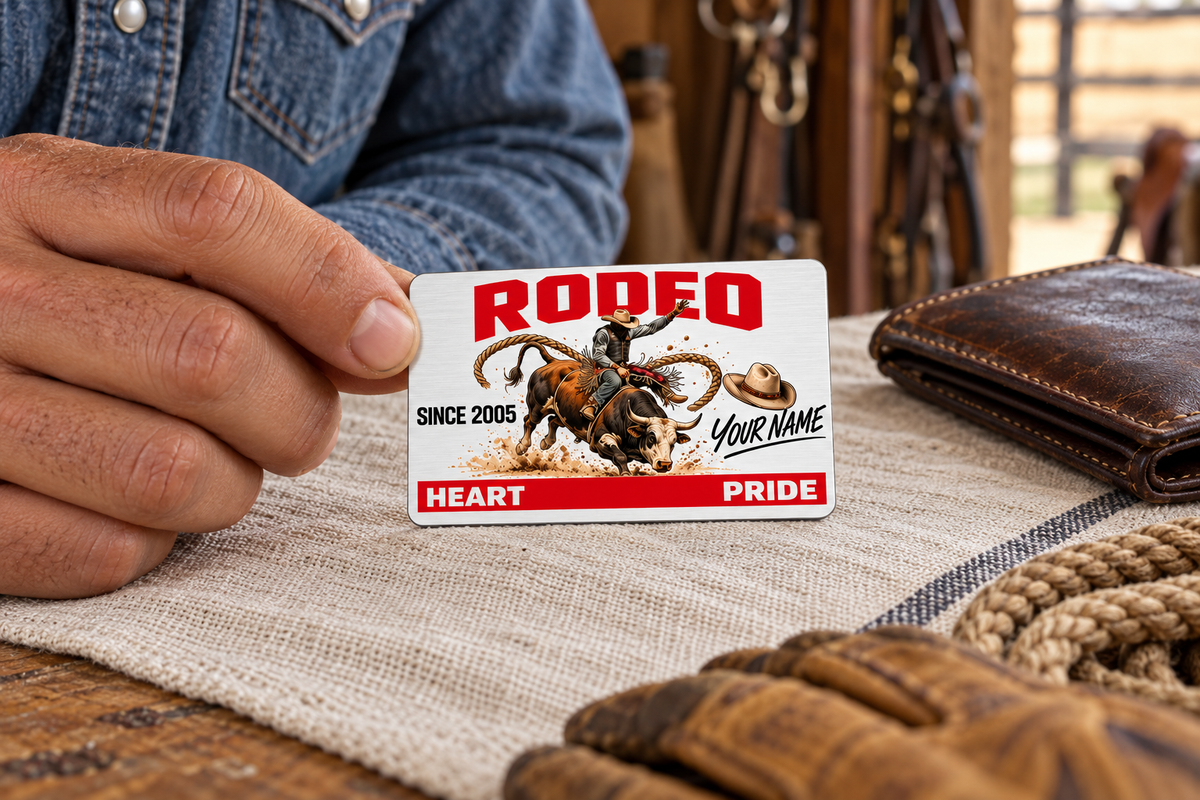 Adult rider holding the Bull Riding/Rodeo Signature Classic wallet card over a linen-covered table