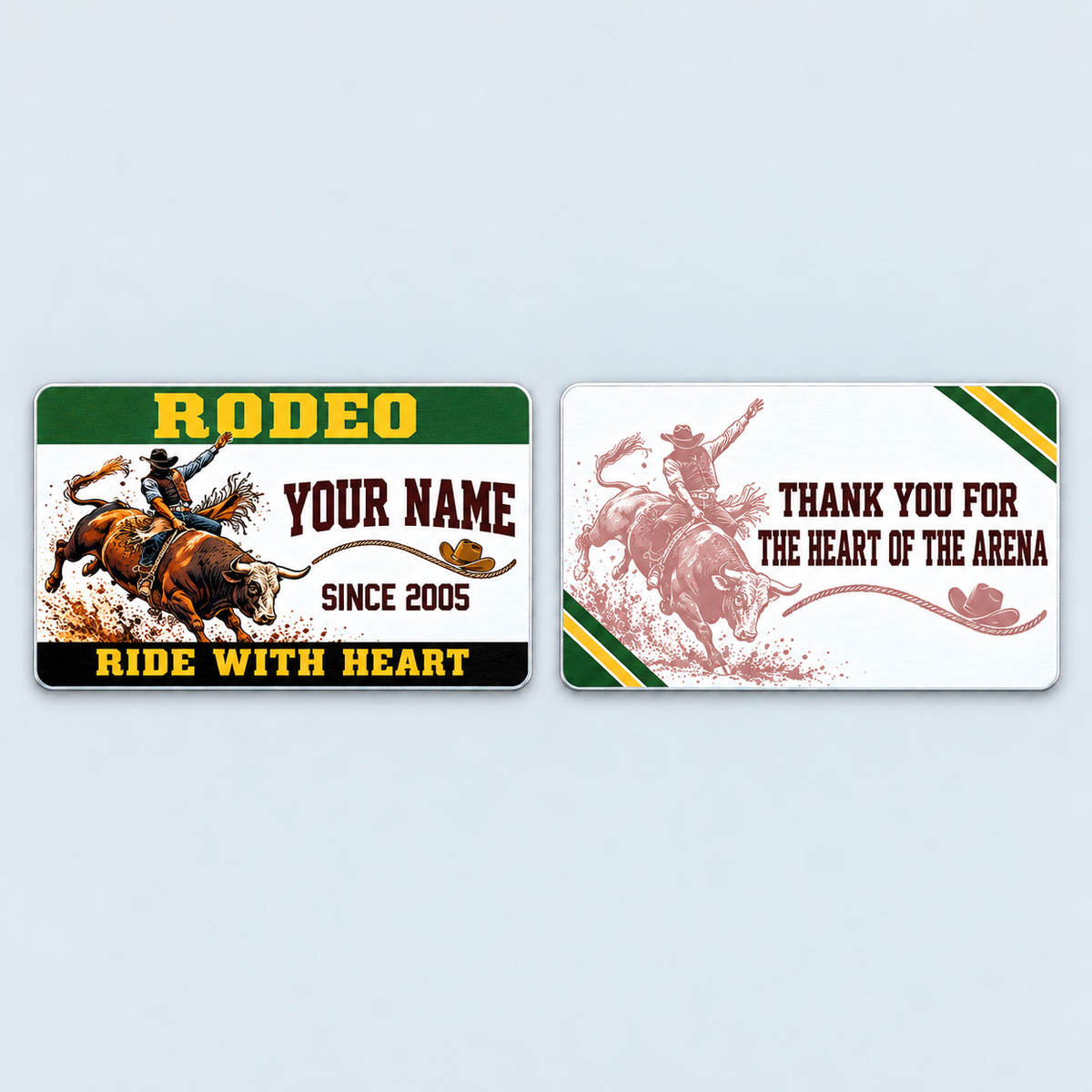 Front and reverse of the Bull Riding/Rodeo Green Band aluminum wallet card