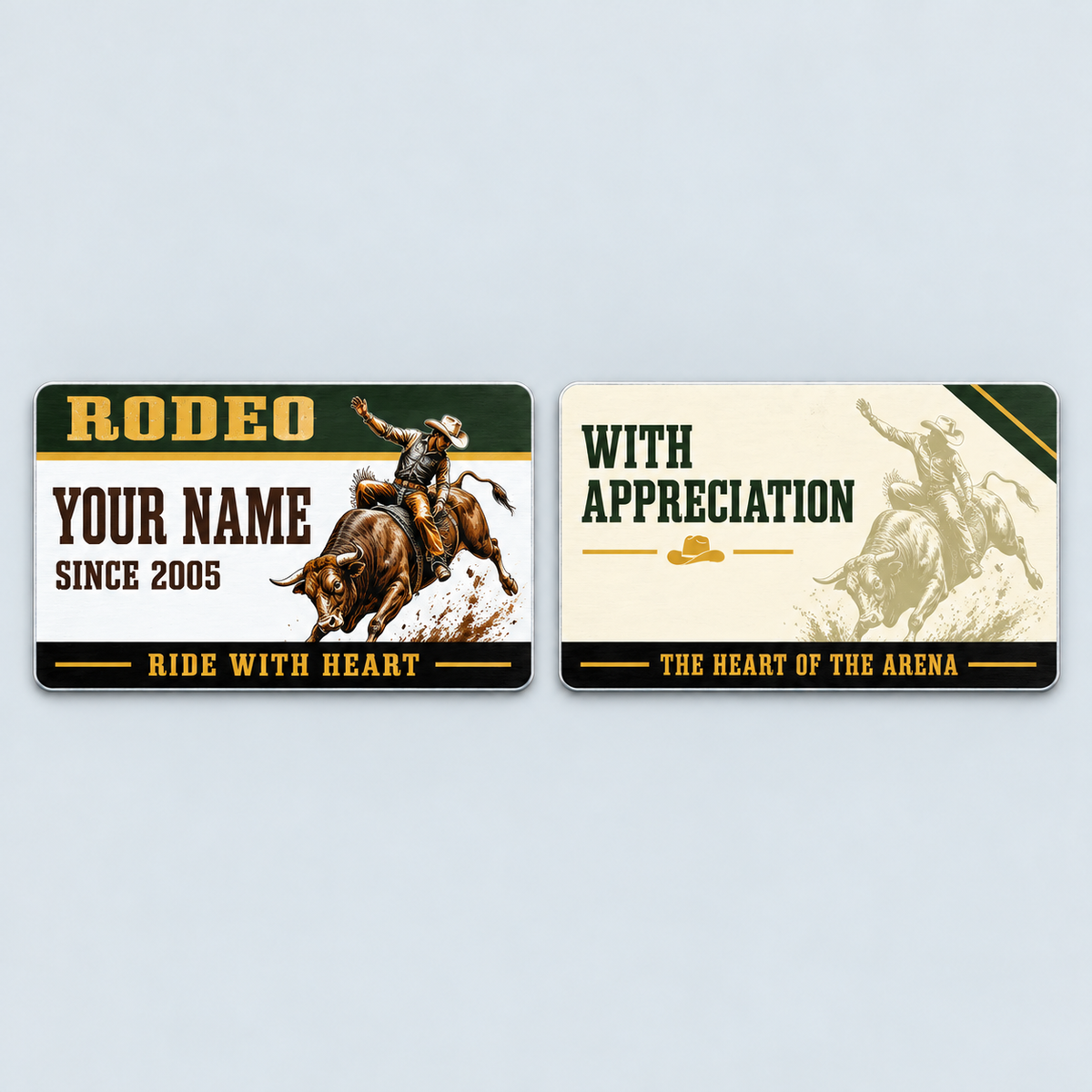 Front and reverse of the Bull Riding/Rodeo Heritage Band aluminum wallet card