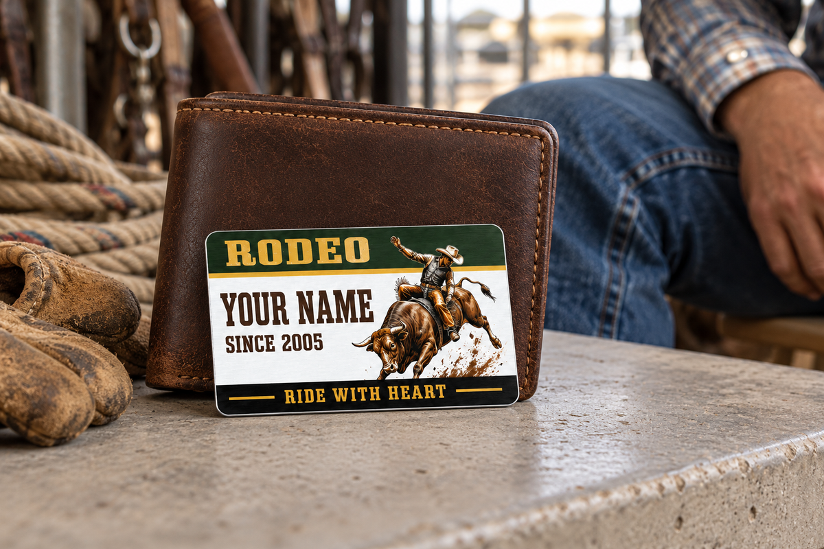 Bull Riding/Rodeo Heritage Band aluminum wallet card against a closed brown wallet on a pale concrete table