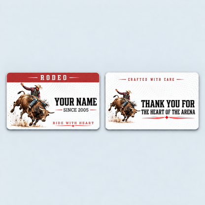 Front and reverse of the Bull Riding/Rodeo Red Header aluminum wallet card