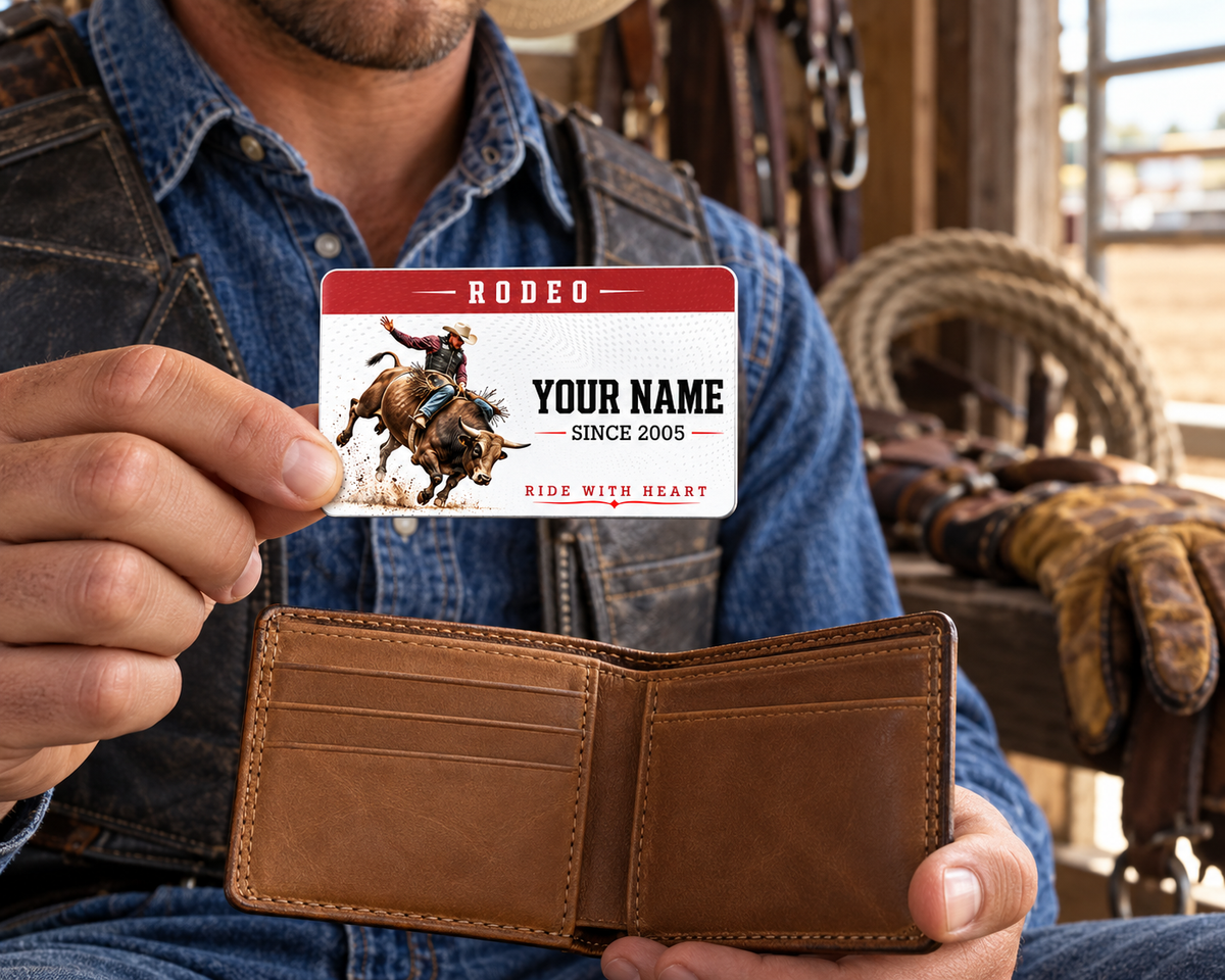 Adult rodeo rider holding the Red Header wallet card above a tan bifold wallet in a tack room