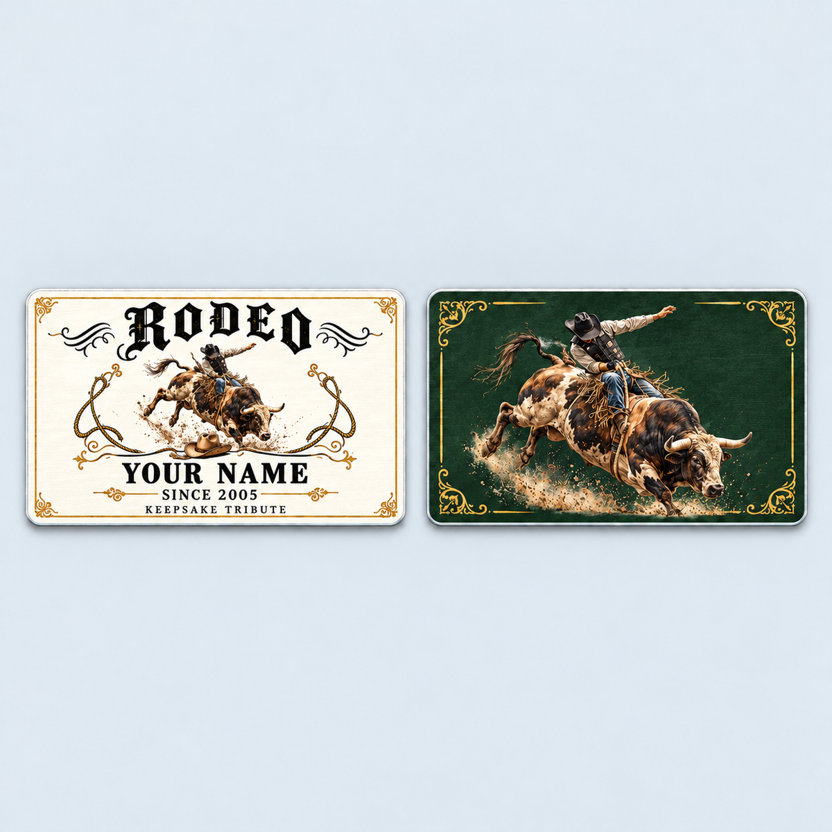 Front and reverse of the Bull Riding/Rodeo Ivory Heritage aluminum wallet card