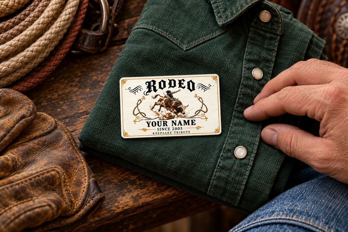 Bull Riding/Rodeo Ivory Heritage aluminum wallet card on a folded green Western shirt beside an adult hand