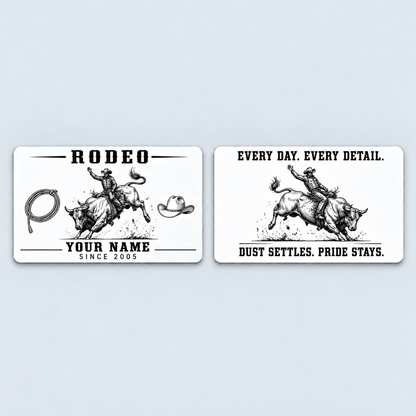 Front and reverse of the Bull Riding/Rodeo Minimal Tool Grid aluminum wallet card