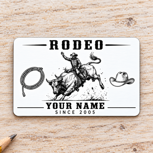 Bull Riding Rodeo Minimal Tool Grid aluminum wallet card, front design on pale oak