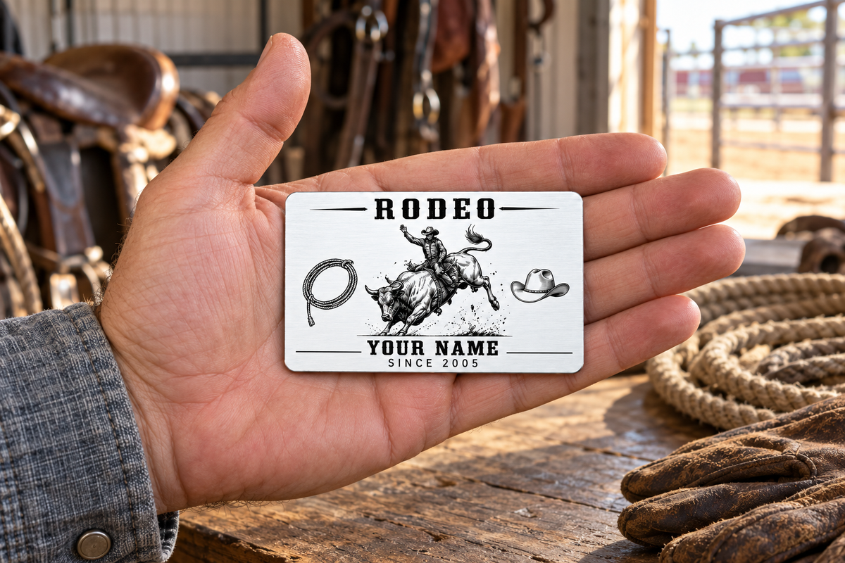 Bull Riding/Rodeo Minimal Tool Grid aluminum wallet card resting on an adult open palm in a tack room