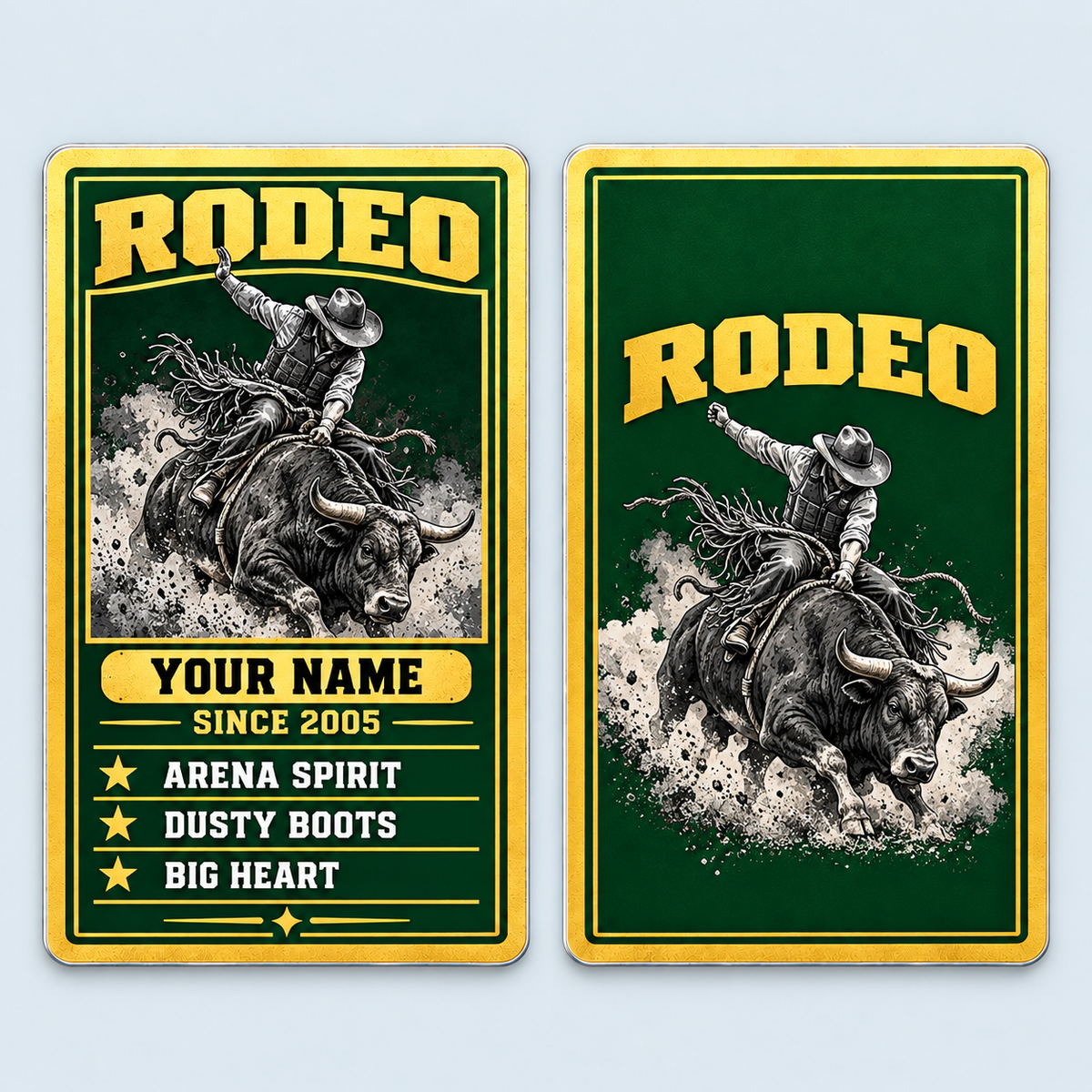 Front and reverse of the Bull Riding/Rodeo Trade Legend aluminum wallet card