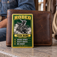 Bull Riding/Rodeo Trade Legend portrait wallet card against a closed leather wallet on a tack-room bench